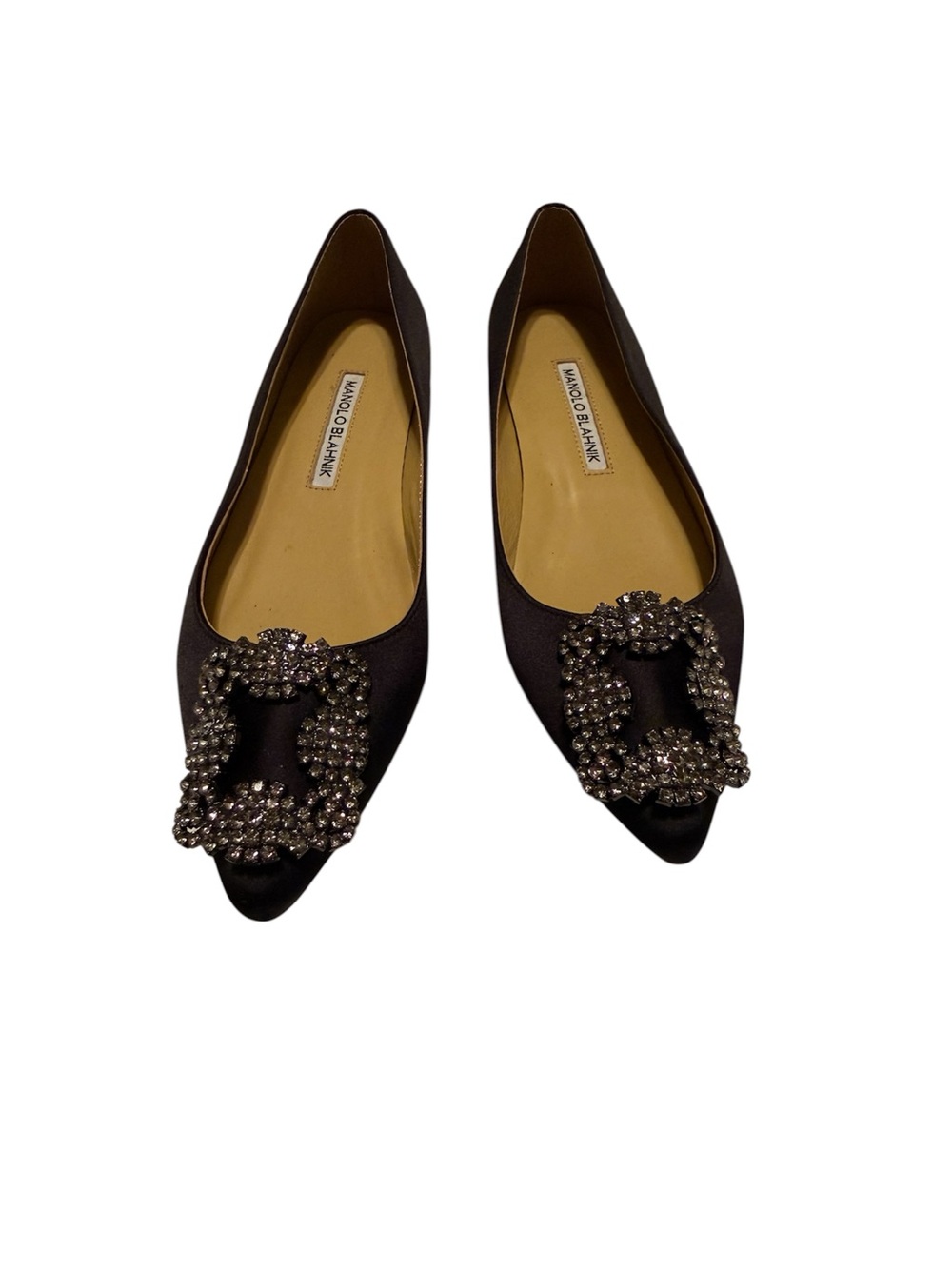 Manolo Blahnik Black Satin Flats with Crystal Buckle